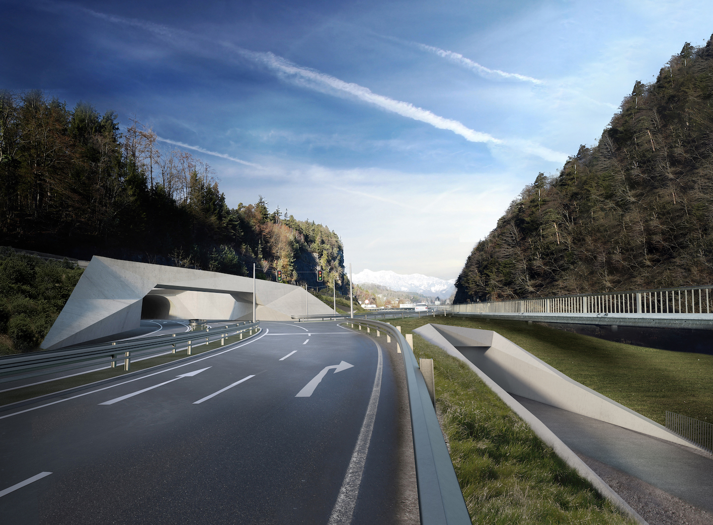 Die neue Trassenführung mit Radwegbrücke und Unterführung (rechts im Bild) leitet den Radverkehr künftig sicher und kreuzungsfrei am Portal Felsenau vorbei.