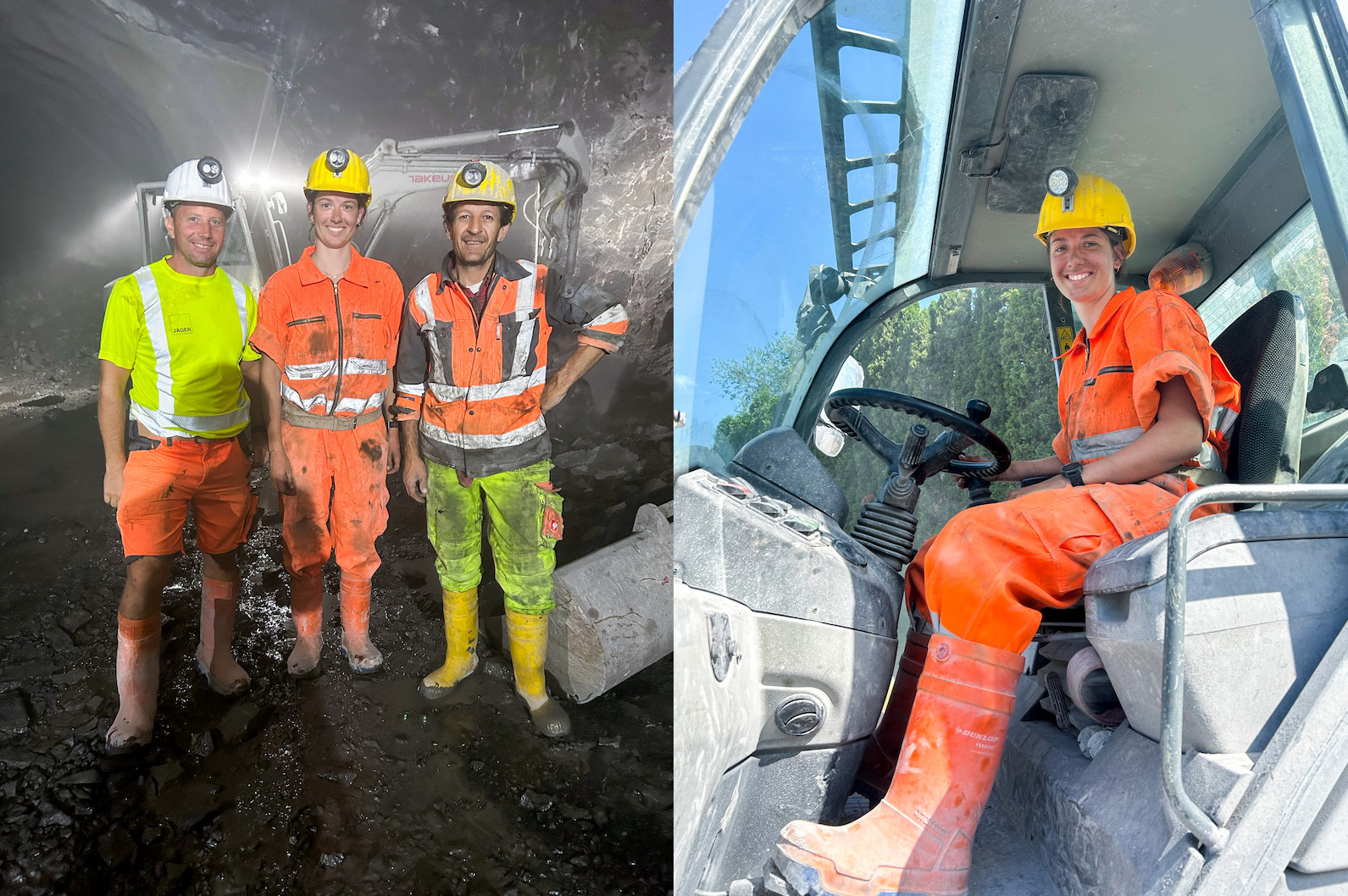 Hannah Werkgarner auf dem Radlader und mit Teammitgliedern im Erkundungsstollen Tisis.
